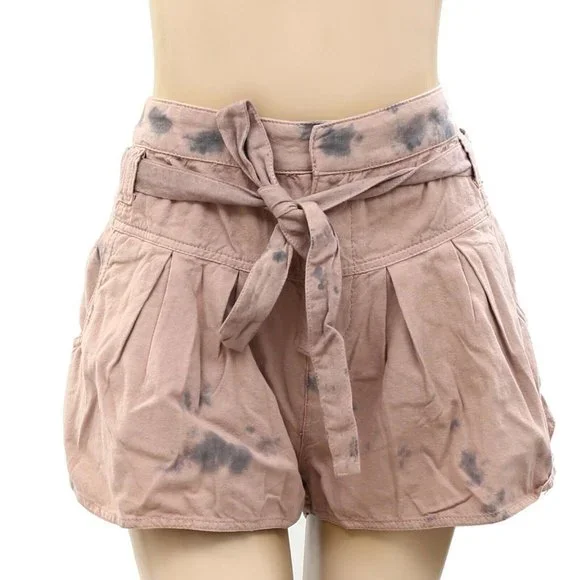Free People Tie & Dye Shorts Pocket Cotton Dusty Pink High Waisted M-10